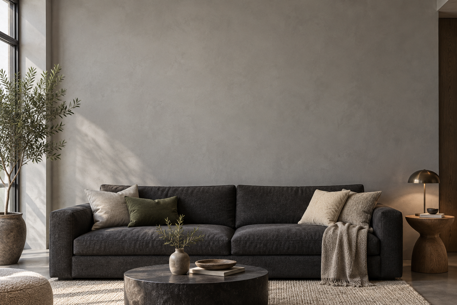 Illustrative living room with natural light and an open wall